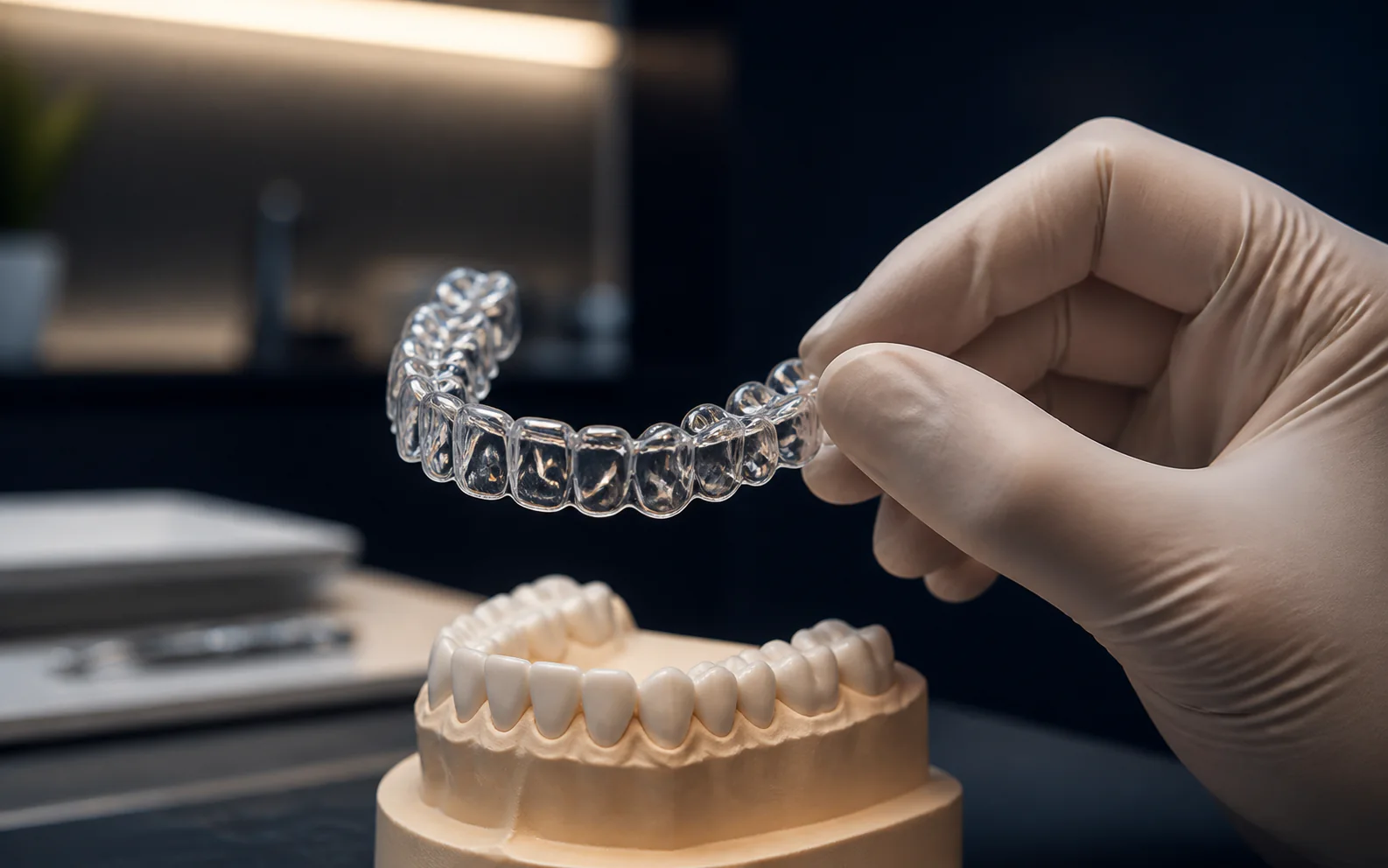 Alinhador odontológico transparente sobre modelo dental