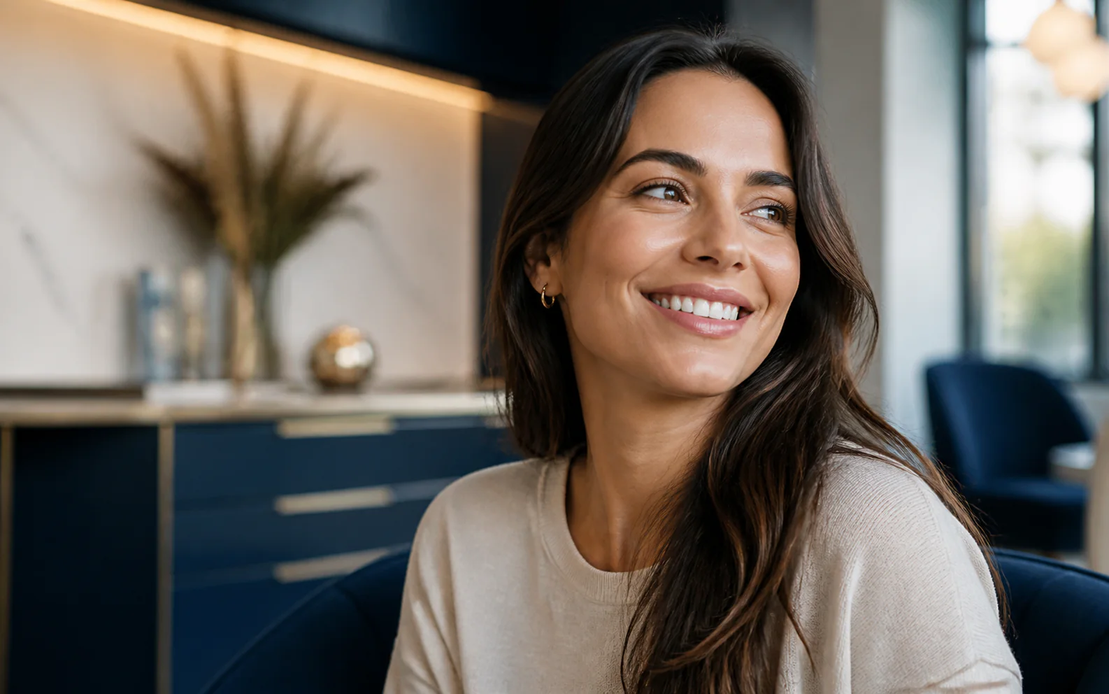 Mulher sorrindo naturalmente e olhando para o lado
